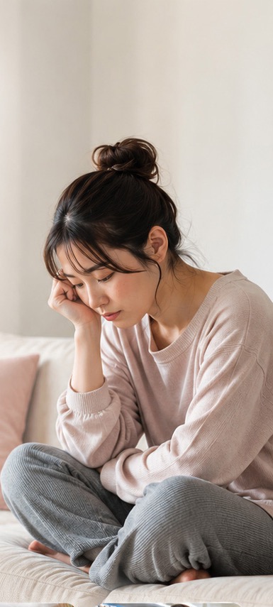 ソファで悩む女性
