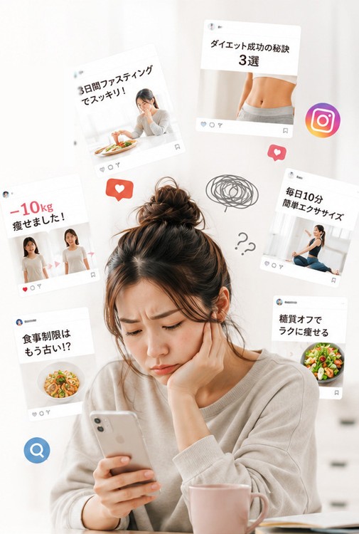 スマホでダイエット情報に悩む女性