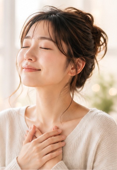 胸に手を当てて安心した表情の女性
